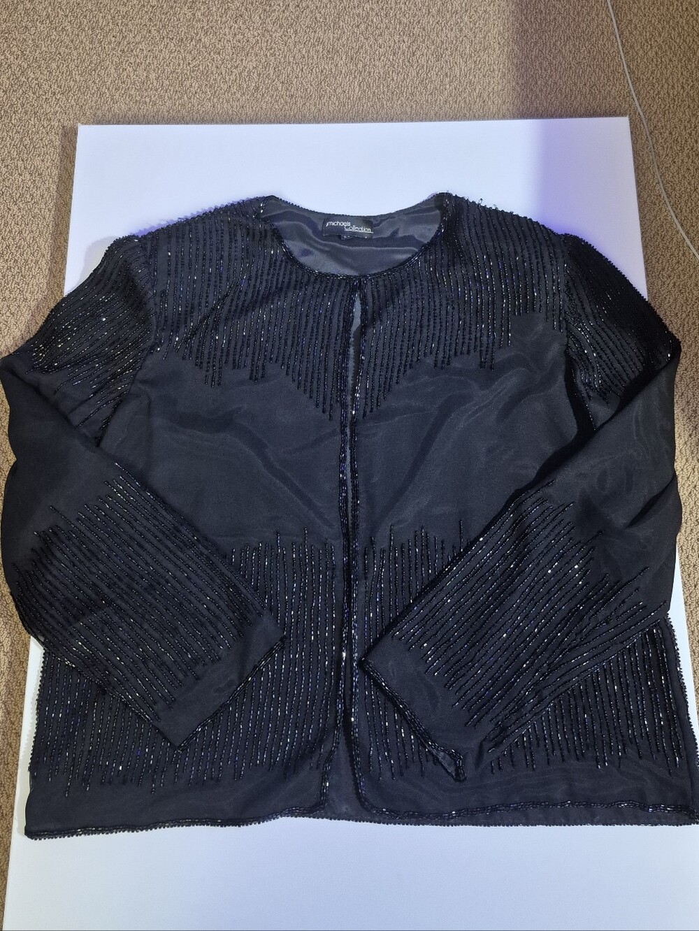 J Michaels Collection Black Beaded Open-Front Blazer